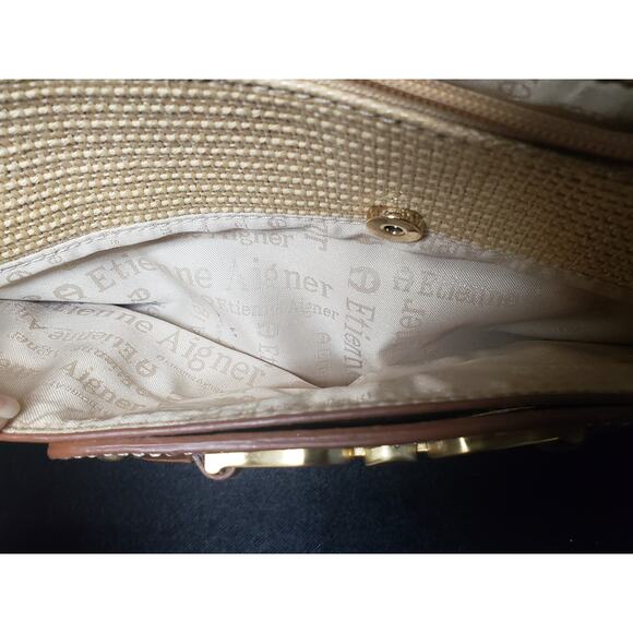 Etienne Aigner Straw / Leather Tan Adjustable Strap Shoulder Hand Bag Purse - Picture 6 of 12